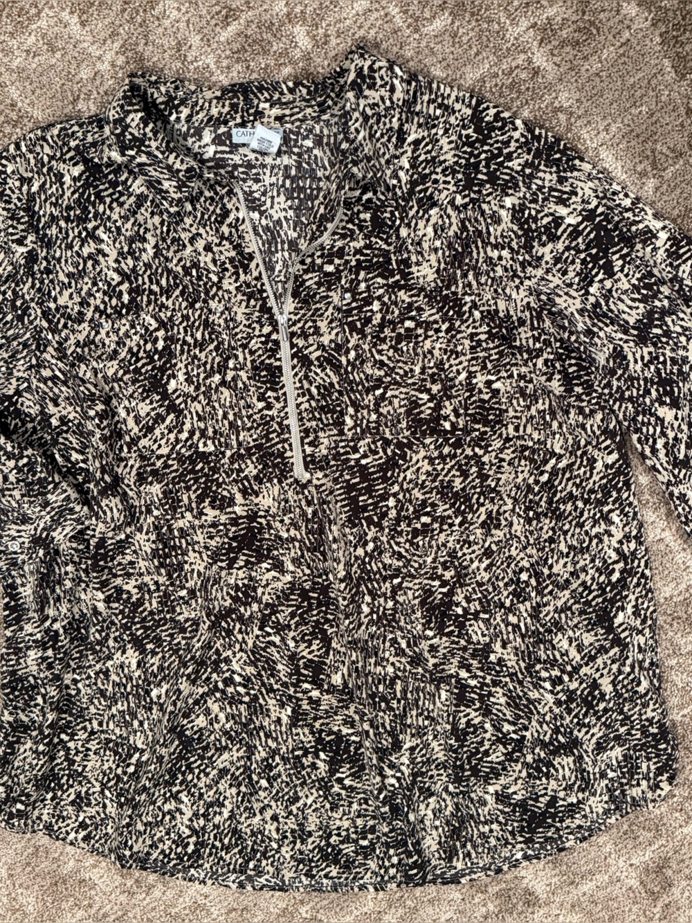 Catherines Black and Cream Marled half zip Top